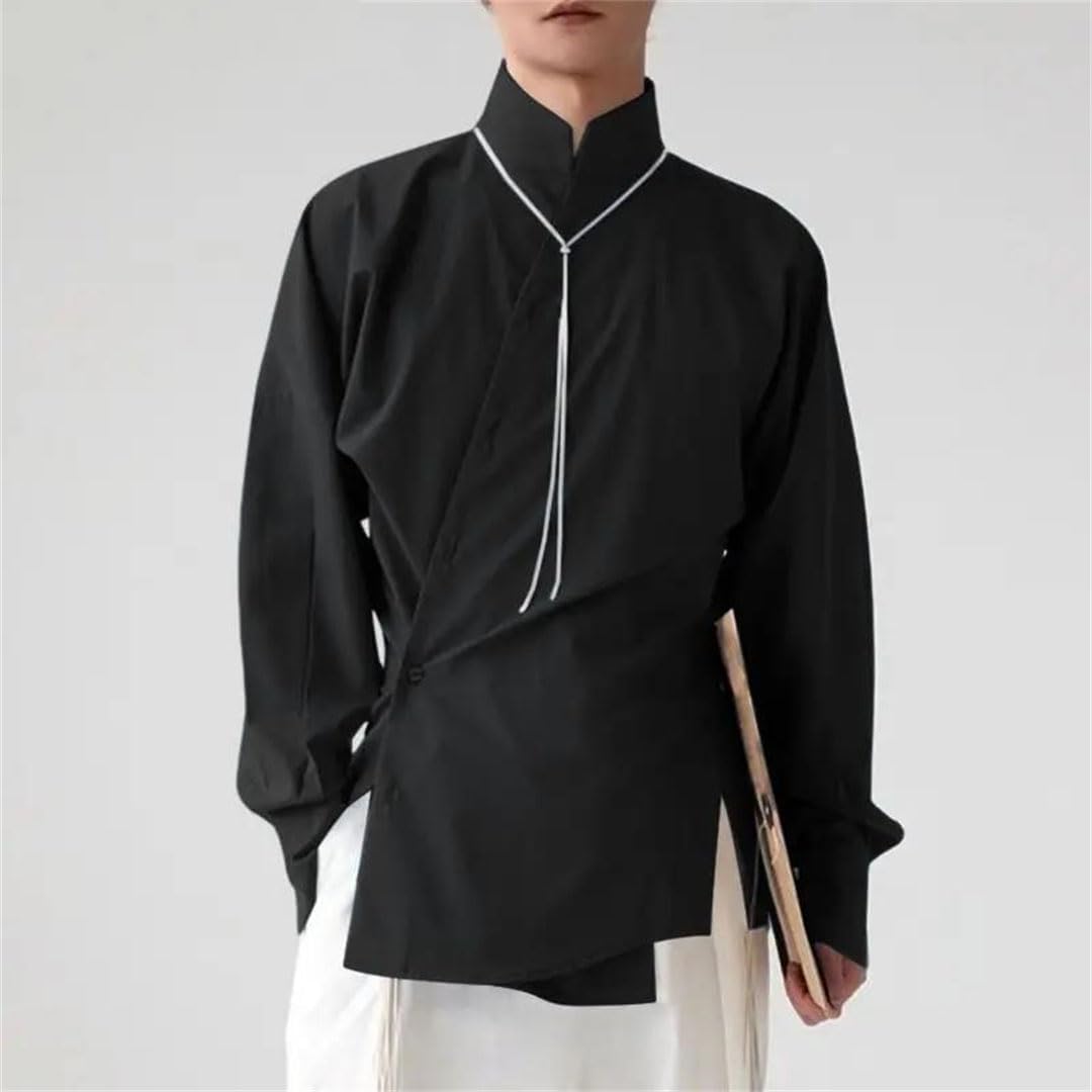 Men Spring Solid Color Stand Collar Long Sleeve Button-Down Shirt Loose Korean Style Casual Top