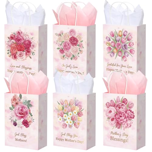 Sweetude 24 Pcs Mothers Day Paper Gift Bags Christian Gift Bags Bulk with Handle Religious Floral God Blessing Goodie Bag with Tissue Papers for Women Mom Gifts Wrapping Party Supplies