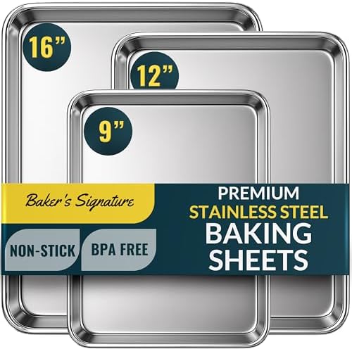 Baker’s Signature Stainless Steel Cookie Sheet Pan, Stainless Steel Baking Sheet Set of 3, Mirror Finish, Non-Stick, Rust Resistant, BPA Free, Dishwasher Safe, 9/12/16 Inch - Thumbnail 2