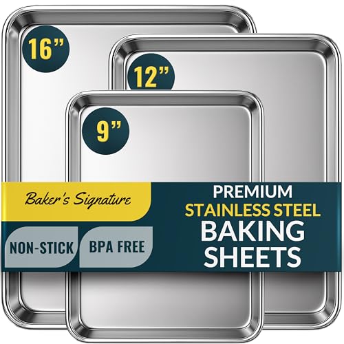 Baker’s Signature Stainless Steel Cookie Sheet Pan, Stainless Steel Baking Sheet Set of 3, Mirror Finish, Non-Stick, Rust Resistant, BPA Free, Dishwasher Safe, 9/12/16 Inch by Baker's Signature - Used condition - US$34.37