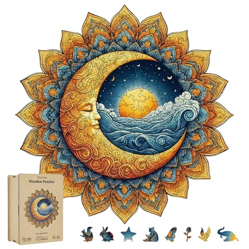 200 Pieces Sun and Moon Wooden Puzzles for Adults, Moon Unique Shaped Wooden Jigsaw Puzzles for Adults, Irregular Adult Wood Puzzle Creative Gift for Family Game 10x10 in