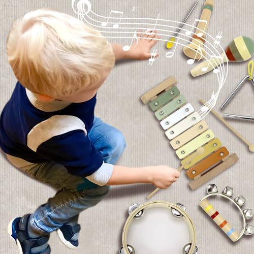 Baby Musical Instruments Montessori Wooden Toys for Toddlers, Neutral Colors Percussion Instruments Set, Modern Boho Xylophone Tambourin - Image 3