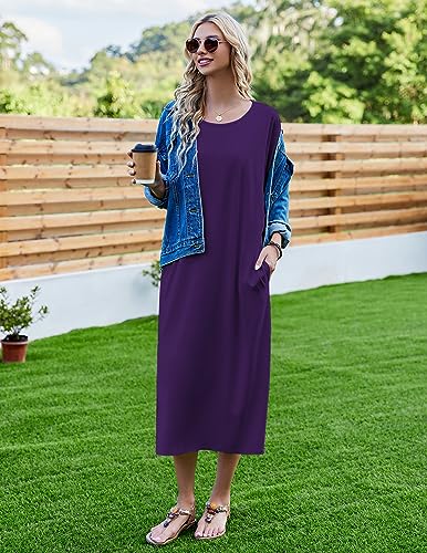 Image of Ekouaer Women's Nightgown Short Sleeve Sleepshirt Long Loungewear Casual Maxi Lounge Dress House Dresses with Pockets
