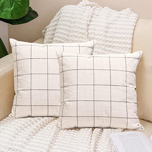 Basic Model Set Of 2 Plaid Throw Pillow Covers Modern Farmhouse Decorative Square Linen Pillow Case For Sofa Couch Bed 16 X 16 Inch Beige And Black #TOP1