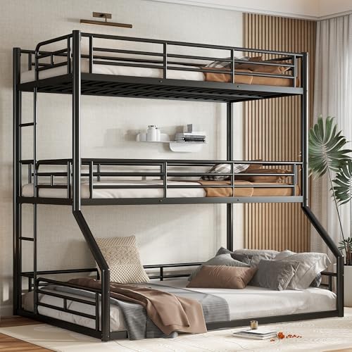 Image of Twin Over Twin Over Full Bunk Bed with Safety Guardrails, Modern Metal Triple Bed Frame for Kids, No Box Spring Required, Black