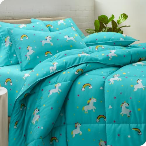 Image of 200 GSM 400 TC Kids Glace Cotton Reversible Cartoon Printed Double Bed King Size Comforter with Matching Bedsheet 90x100 Inches with 2 Pillow Covers Set of 4 Pieces- Sky