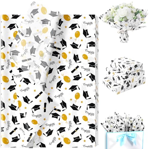 60 Sheets 2026 Graduation Tissue Paper 20x14 inch Graduate Cap Diploma Scroll Ballloons Patterns Gift Wrapping Paper for 2026 Graduate DIY Craft Graduation Party Supplies (Black)