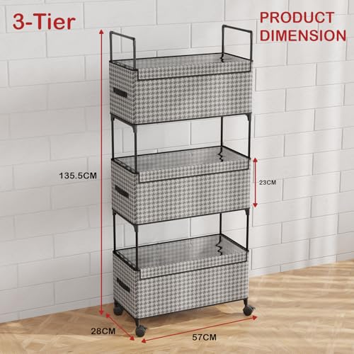 Image of Lukzer 3-Tier Clothes Organizer Basket with Wheels | Fabric Closet Storage Rack for Folded Clothes | Metal Rolling Wardrobe Shelf for Bedroom Closet & Laundry Room (Black & White /28x57x136 cm)