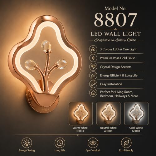 Image of Modern LED Wall Light | 3 Color Changing Rose Gold Decorative Wall Lamp for Living Room, Bedroom & Hallway | Crystal Accent Indoor Sconce with Warm, Neutral & Cool White Lighting