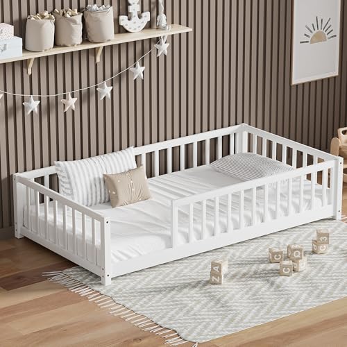 LLS Twin Floor Bed for Kids Solid Wood Montessori Bed Frame with Safety Guardrails Multifunctional...