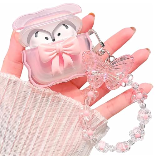 Image of ZORBES Compatible with AirPods 4 case, Silicone Earbud Charging Case Cover for Apple AirPods 4, Sweetly Stylish Pink Bow Charm Earbud Case Cover with Butterfly Charm Floral Chain Lanyard