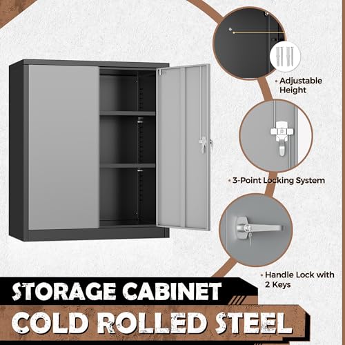 Image of INTERGREAT Metal Garage Storage Cabinet, 36 inch Locking Counter Cabinet with 2 Locking Doors and 2 Adjustable Shelves, Small Steel Cabinet for for Home Office, Gym, School(New Grey)