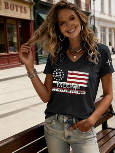 NOVEPT 250th Anniversary USA Cotton Tee Shirts We The People 250 Years of Freedom Patriotic V-Neck 4th of July Casual T-Shirt Tops (Black_Flag, S)