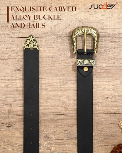 Image of SUOSDEY Fashion Leather Belts for Women with Vintage Metal Buckle Belt, 08-black(gold Buckle), S:24''-28'' Waist