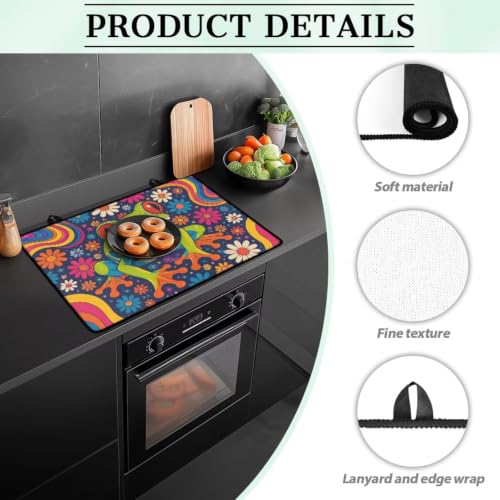 Image of Electric Stove Top Covers Heat Resistant Glass Ceramic Cooktop Cover Mat Retro Kitchen Scratch Resistant Flat Top Stove Cover, 29 x 21 Inch, Hippie Frog Daisy Print