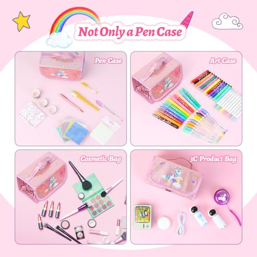Image of Large Capacity Pencil Case with 4 Super Large Storage Bags, Suitable for Storing Pens, Cosmetics and 3C Accessories, Pink Unicorn Pattern Pencil Pouch, for Teens, Office Workers and Students