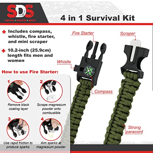 Sds Survival Paracord Bracelet - Green Emergency Whistle Hiking Compass Camping Fire Starter Kit Tactical Bracelet #TOP3