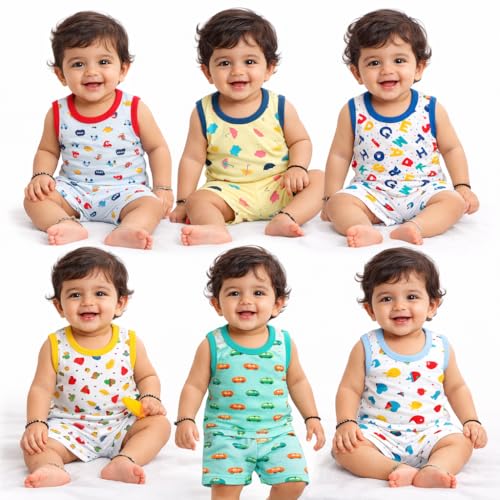 Image of Tinchuk Cotton Sleeveless T-Shirt and Shorts Hero Print Set Pack of 12 (6 Tshirt + 6 Shorts) Multi-Coloured 