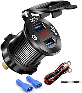 Quick Charge 3.0 USB Charger Socket Dual USB Car Power Outlet Waterproof Marine Cigarette Lighter Adapter 36W Fast Charge with LED Voltmeter for 12V/24V Boat Motorcycle ATV Bus Truck (Black)