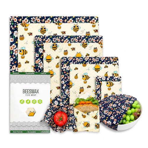 Rusokufo Set 8 Paños De Cera De Abeja Reutilizables, Algodón Orgánico (2XL 2L 2M 2S), Alternativa Práctica A Plástico, Uso para Frutas Pan Y Cocina, Fácil Limpieza Y Almacenamiento