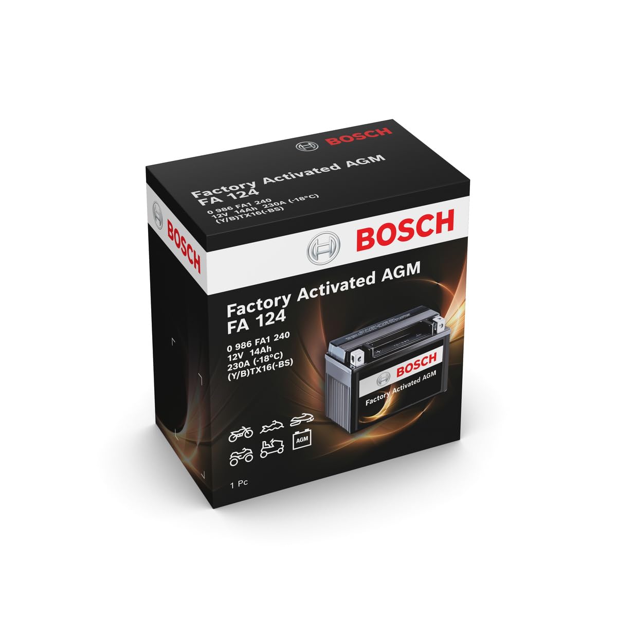 Bosch FA124 - Batería para Motocicletas AGM - 12V 230A 14Ah - Adecuada para motocicletas, motos de enduro, scooters, quads, motos de agua - Compatible M6021, M6022, BTX16-BS, BTX16