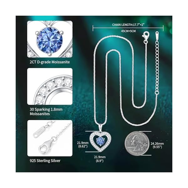 Full Moissanite Heart Necklace - No CZ! 2ct Vibrant Birthstone & 30 White Gems | 12 Month Gifts for Wife, Mom, Her | Anniversary, Valentine's Day, Mother's Day Jewelry - Image 5