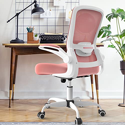Mimoglad Office Chair, High Back Executive Computer Desk Chair - Adjustable Height and Flip-up Arms Swivel Chair Thick Padding for Comfort and Ergonomic Design for Lumbar Support (Pink)