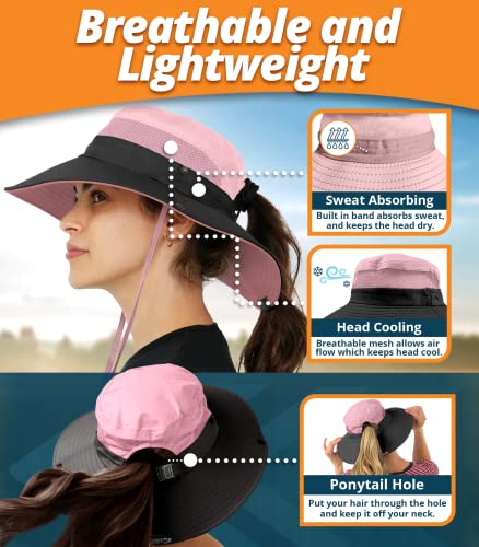 Geartop Ponytail Sun Hat Womens, Beach Hats For Women, Upf 50+ Water Resistant, Womens Sun Hat, Womens Beach Hat, Fishing Hat, Ponytail Hat Gray & Light Pink #TOP3