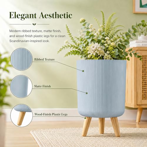 Image of Eightiz Store Modern Dusty Blue Flower Pot with Plastic Legs | Indoor Outdoor Planter for Home Garden Balcony Decor Ribbed Design Sturdy Plastic Mid-Century Style (Dusty Blue, Pack of 2)