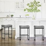 LUE BONA Counter Height Bar Stools, 24' Square Saddle Barstools Set of 3, Modern Backless Faux Leather Counter Stool with Black Metal Legs for Kitchen Island Counter, Home Bar, Bistro, Dark Gray