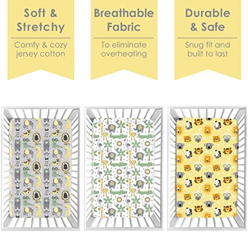 GROW WILD Pack n Play Sheets | Mini Crib Sheets 3-Pack, Soft Pack and Play Sheets, Premium Bassinet Sheet, Safari Elephant Yellow Gray White