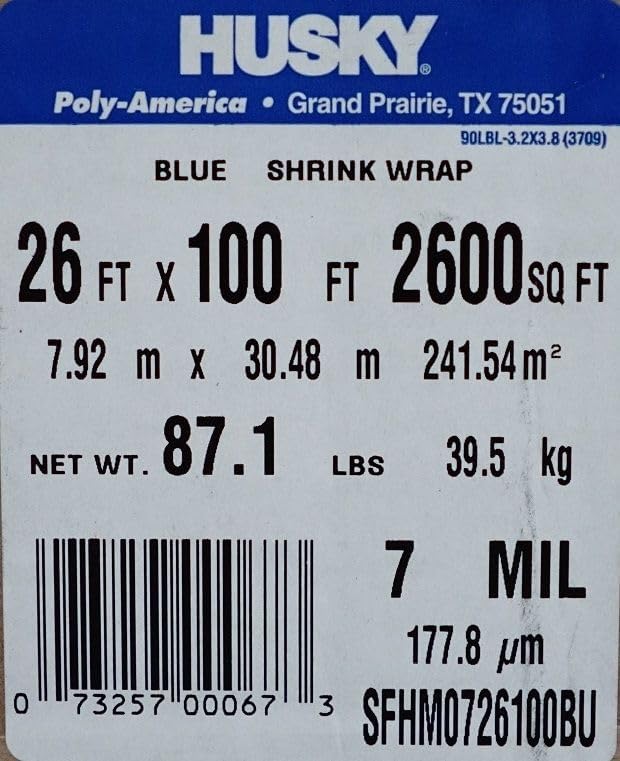 26' x 100' 7 Mil Husky Brand Shrink Wrap - Blue