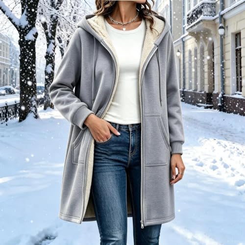 Women Zip Up Long Hoodies Sherpa Fleece Lined Warm Hooded Coat with Pockets - image 2