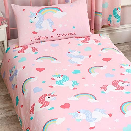 I Believe in Unicorns 2 Piece UK Single/US Twin Sheet Set, 1 x Double Sided Sheet and 1 x Pillowcase