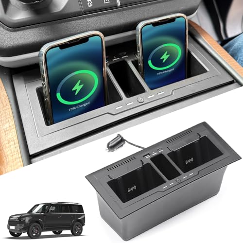 Dual Wireless Car Charger Compatible with 2020-2024 Land Rover Defender 90 110 130 15W Dual Wireless Fast Charging Smartphone Charger Tray with 27W USB & Type-C Center Console Accessories