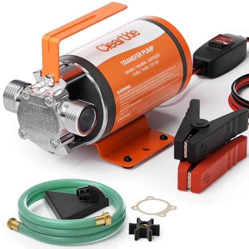Cleartide Water Transfer Pump 12V DC, 1/10HP 330GPH Utility Water Pump Electric With 6ft Suction Hose Kit, Portable Small Water Pump For Pool Draining, Removing Water From Rain Barrel.
