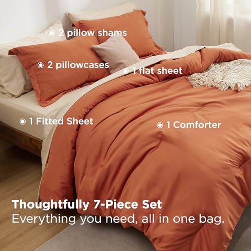 Image of Bedsure Full Size Comforter Set - 7 Pieces Burnt Orange Full Bedding Set for All Seasons, Boho Contrasting Design Bed in a Bag with Comforter, Sheets, Pillowcases & Shams