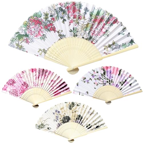 FOSDICK 4 Pezzi Ventaglio Pieghevole, Fiori Ventaglio da Borsetta, Ventagli Pieghevoli a Mano per la Danza Cosplay Matrimonio Rosso
