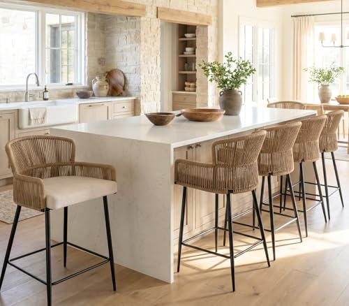 Image of HNY Farmhouse Woven Bar Stools Set of 6, 26 Inch Linen Upholstered Rattan Barstools with Curved Backs, Modern Cane Counter Height Bar Chairs with Metal Legs and Armrest for Kitchen Island, Beige