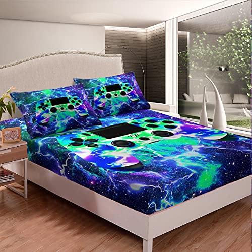 Gamer Bedding Set Video Game Gaming Bed Sheets for Kids Boys Girls Galaxy Gamepad Print Bed Sheet Set Game Controller Fitted Sheet with 2 Pillowcase 3Pcs Bedding Full