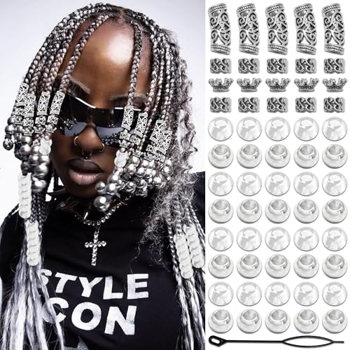 NAISKA 60PCS Silver Hair Beads for Braid Viking Hair Jewelry Nordic Runes Tube Beads Muti Styles Loc Dreadlock Accessories Vintage Metal Hair Cuffs Clips Rings for Women and Men