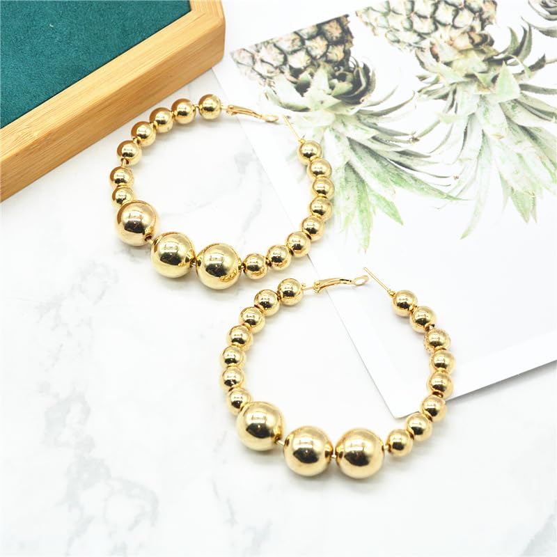 6cm Gold Beaded Hoop Earrings Chunky Round Ball Beads Hoop Earrings Silver Beads Geometry Statement Earrings Jewelry Gifts for Women2