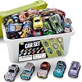 Liberty Imports 50-Pack Pull Back Cars for Kids, 1:64 Scale Mini Car Toys Bulk Metal Race Vehicles in Storage Bucket - Party Favors Goodie Bag Stuffers Classroom Prizes for Boys Girls Toddlers
