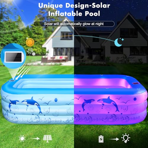 2025 Upgrade Inflatable Pools with Lights, Inflatable Swimming Pools for Adults, Blow Up Pool Solar, Large Pool, Durable Thickened Inflatable Pool for Backyard- Light Blue