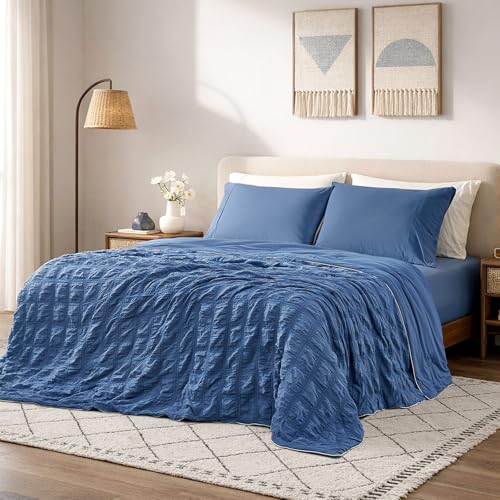 Cozy Bliss Cooling Comforter Seersucker Plaid King Size, Q-Max 0.45 Lightweight Cooling Blanket, Breathable Silk Smooth Summer Bedding Quilt for Hot Sleepers Night Sweats Denim Blue
