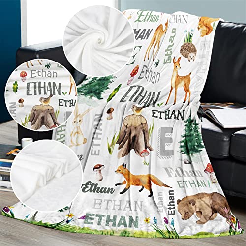 Personalized Woodland Animal Blanket Customized Baby Name Kids Custom Throw Soft Flannel Blankets Nursery Gift Idea For Newborn Boy Girls Toddler, Deer, Foxs, 30'' X 40'' #TOP5