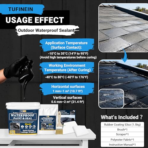 Image of Rubber Liquid Waterproof Sealant, TUFINEIN 53oz /1.5kg Black Quick Drying Multi Surface Foundation Leak Repair - Roof Gutters Basement Sealer Waterproof - Indoor & Outdoor Flexible Rubber Paint