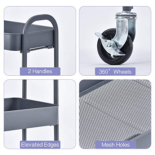 Toolf 3 Tier Rolling Cart, No Screw Metal Utility Cart, Easy Assemble Utility Serving Cart,Sturdy Storage Trolley With Handles, Locking Wheels,For Kitchen Garage Home Bedroom Bathroom, Grey #TOP4