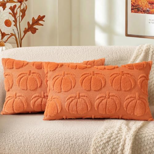 Image of decorUhome Fall Decorative Orange Pumpkin Throw Pillow Covers 12x20 Set of 2, Soft Faux Fur Plush Farmhouse Accent Pillow Cases for Couch Bed Sofa Autumn Harvest Halloween Holiday Home Decor