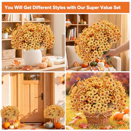 Image of 22 Pack Artificial Fall Flowers Mums for Outdoor Indoor(Fall Yellow)